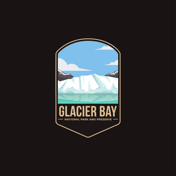 ilustraciones, imágenes clip art, dibujos animados e iconos de stock de emblema parche vector ilustración del parque nacional glacier bay y preservar el parque nacional en fondo oscuro - glacier bay national park