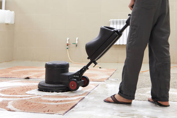istock Carpet chemical cleaning with professionally disk machine. Early spring cleaning or regular clean up 1318879452
