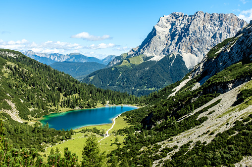 areial view of the Bachalpsee and the Swiss Alps in the background on a summer day