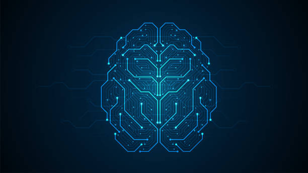 illustrations, cliparts, dessins animés et icônes de le cerveau abstrait forme le modèle électronique de lignes de circuits. réseau de connexion de point sur le fond bleu - cerveau