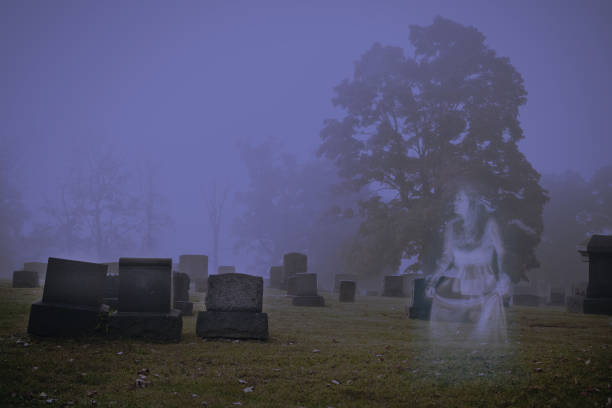 spirito in un cimitero di notte - ghost women caucasian transparent foto e immagini stock