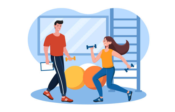 Female character is working out in gym with fitness trainer Female character is working out in gym with fitness trainer. Woman is squatting with two dumbbells. Concept of sport, activity, workout with fitness instructor. Flat cartoon vector illustration gym clipart stock illustrations