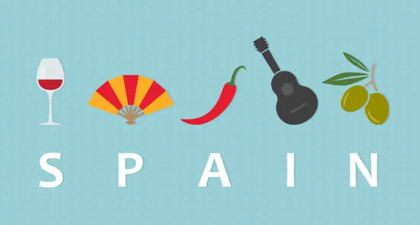 Vector illustration of travel to Spain concept; wine glass, hand fan, chilli pepper, guitar and olives