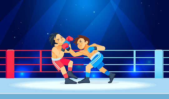 A young fighter or boxer loses and gets hit in the face by a knockdown or knockout in the boxing ring during a fight. Cartoon character, flat vector style illustration.