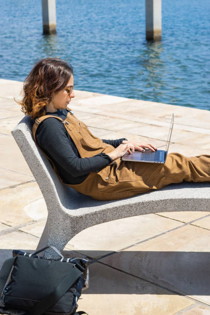 istock Women sunglasses computer street sea 1318885045