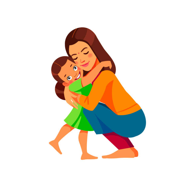индийская женщина мать и ребенок. мама обнимает дочь с большой любовью и нежностью. день матери, концепция праздника. мультфильм плоский из� - indian girls illustrations stock illustrations