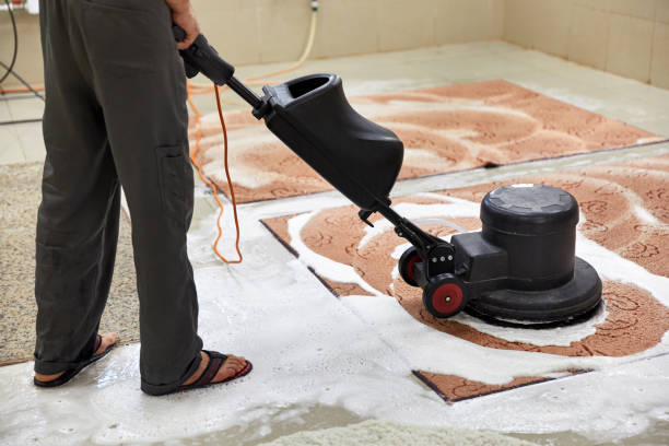 istock Carpet chemical cleaning with professionally disk machine. Early spring cleaning or regular clean up 1318887625
