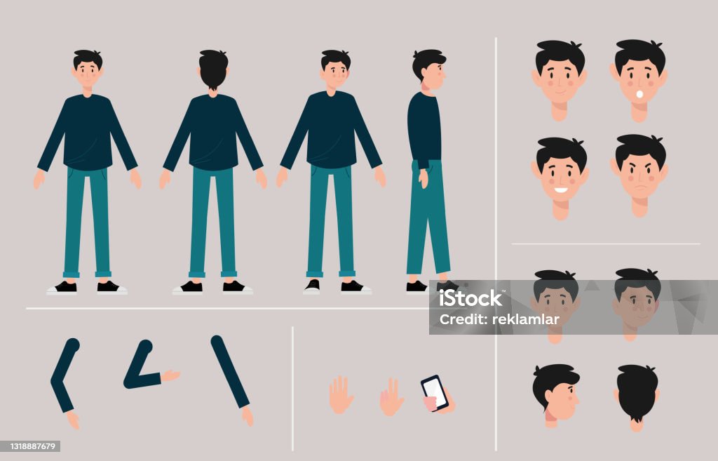 Young Teenage Boy Cartoon Character Constructor Creation Vector  Illustration Set Icons With Different Types Of Faces Emotions Front Side  Back View Of Standing Male Person Stock Illustration - Download Image Now -  iStock
