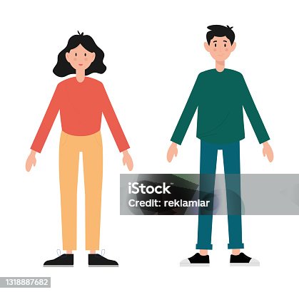 istock Man and woman standing with outstretched arms. Cartoon style people avatar flat vector character design illustration set isolated on white background 1318887682