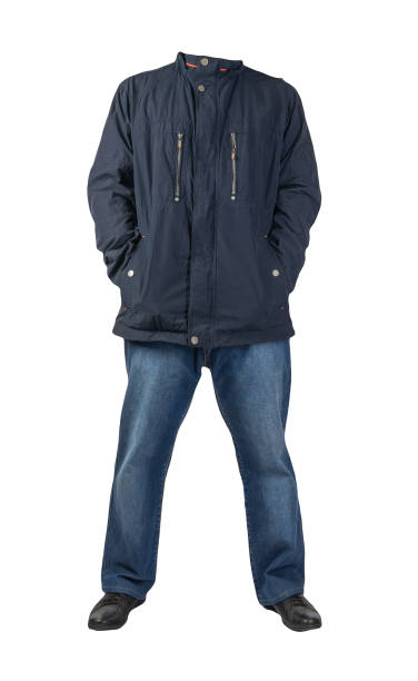 istock dark blue jeans, black leather shoes, jacket isolated on white background. 1318888988