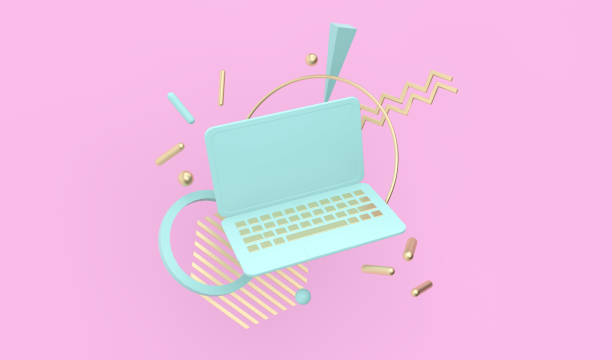 istock 3d render illustration of laptop on abstract geometric background. 1318893083