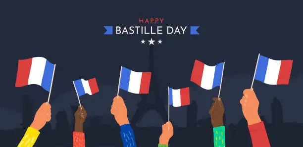Vector illustration of Celebration Happy Bastille day July 14th vector illustration. Cartoon hands waving France flags on dark background.