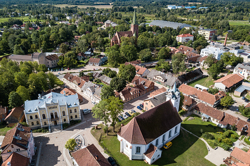 Aerial view of old town in city Kuldiga and red roof tiles, Latvia