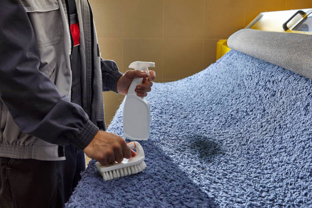 istock Man Spraying Detergent On Grey Carpet To Remove Stain in professional cleaning service 1318895182