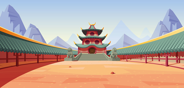 Empty ancient chinese temple amphitheatre vector illustration