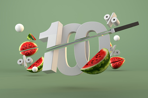 100 percent and sliced watermelon fruit for promotion and summer template. 3D Render