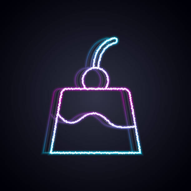 istock Glowing neon line Pudding custard with caramel glaze icon isolated on black background. Vector 1318898541