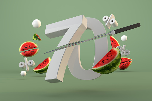 70 percent and sliced watermelon fruit for promotion and summer template. 3D Render