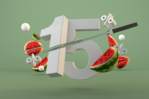 15 percent and sliced watermelon fruit for promotion and summer template. 3D Render