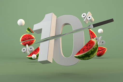 10 percent and sliced watermelon fruit for promotion and summer template. 3D render