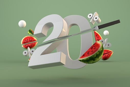 20 percent and sliced watermelon fruit for promotion and summer template. 3D Render