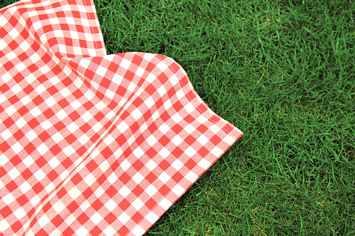 Red picnic  towel on green grass top view, checked cloth flat lay. Food advertisement display. Country products advertisement backdrop.