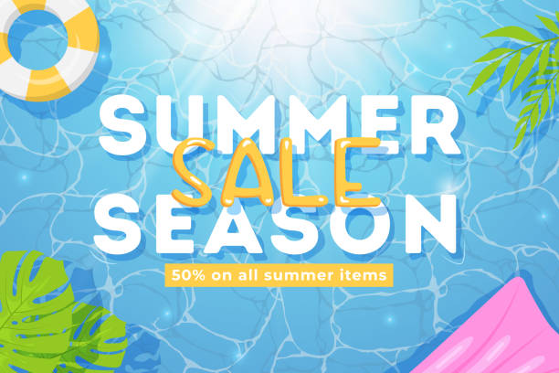 istock Blue summer sale banner. Top view on summer decoration with sea, sun rays, plants and objects. Concept of seasonal sale 1318903008
