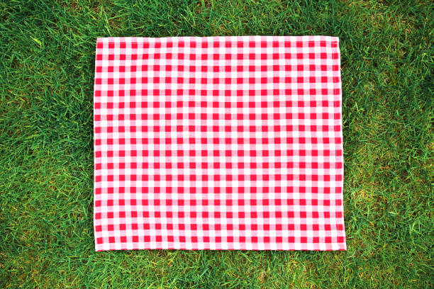 istock Red picnic square cloth on green grass top view,food advertisement display. 1318903387