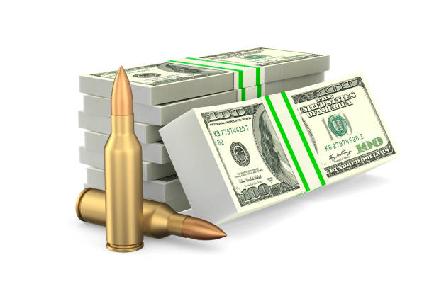 money and bullets on white background. Isolated 3D illustration money and bullets on white background. Isolated 3D illustration terrorist financing stock pictures, royalty-free photos & images