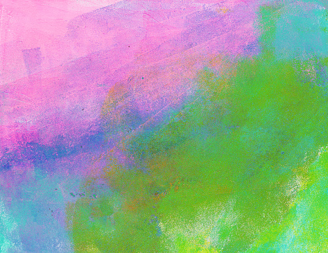 Hand painted background with multiple colors of pink, blue and green being the prominent colors. There are streaks of paint texture throughout the painting.