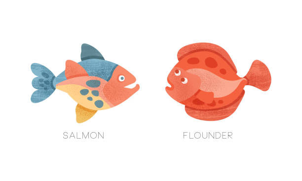 istock Sea Ocean Fishes Set, Salmon, Flounder Fish Flat Vector Illustration 1318906864