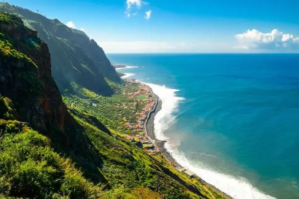 Photo of Madeira island, Portugal. Beautiful view of the lookout point by the coast. Island of Spring with beautiful nature, laurel forests and levades.