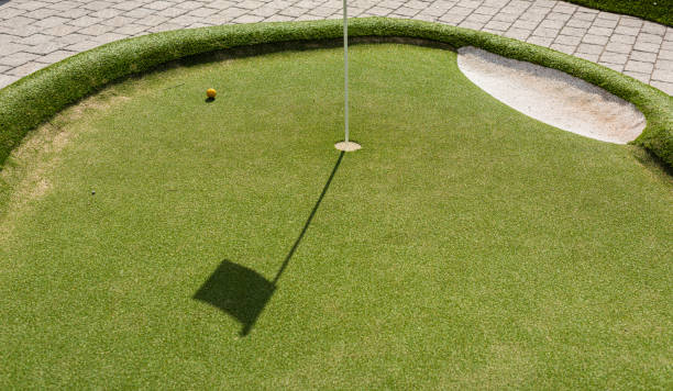 istock Pin, hole and ball of a minigolf course.. 1318907090