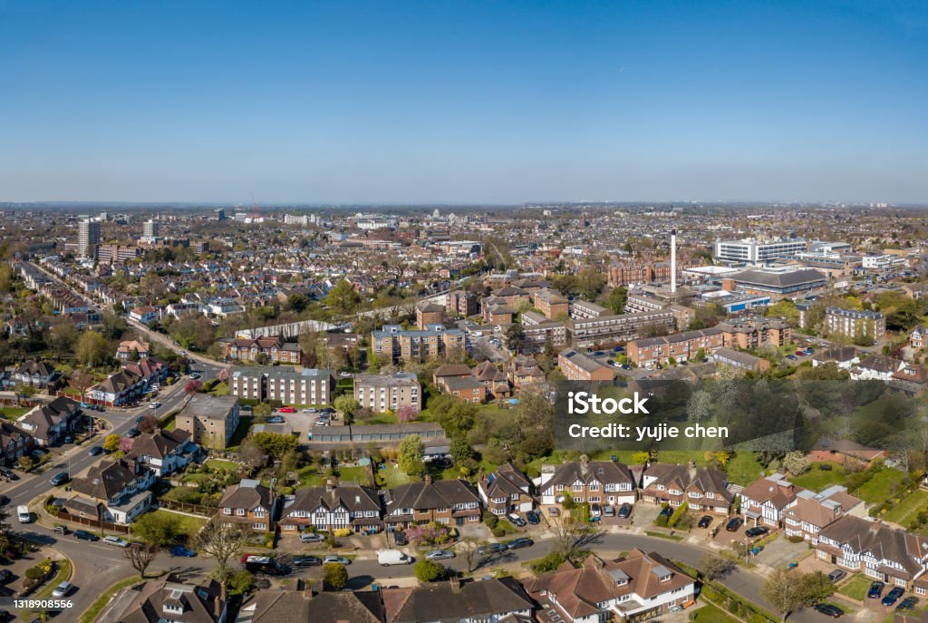 The drone aerial view of the residential district of Kingston upon Thames The drone aerial view of the residential district of Kingston upon Thames, Greater London Kingston-upon-thames Stock Photo