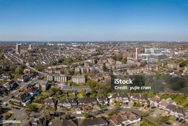 The Drone Aerial View Of The Residential District Of Kingston Upon Thames Stock Photo - Download Image Now