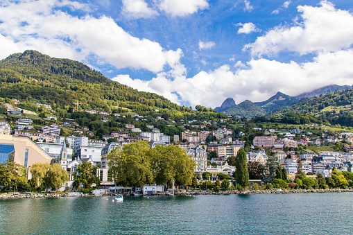 View of Montreux from a boat on Lake Geneva (Vaud, Switzerland)