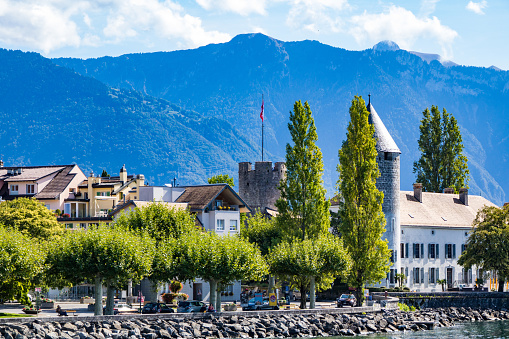 View of La Tour-de-Peilz from a boat on Lake Geneva