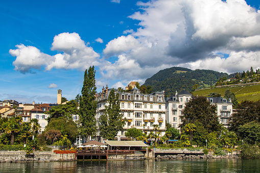 View of Montreux from a boat on Lake Geneva (Vaud, Switzerland)