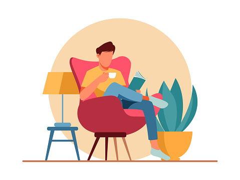 Man reading book with drinking a coffee character illustration