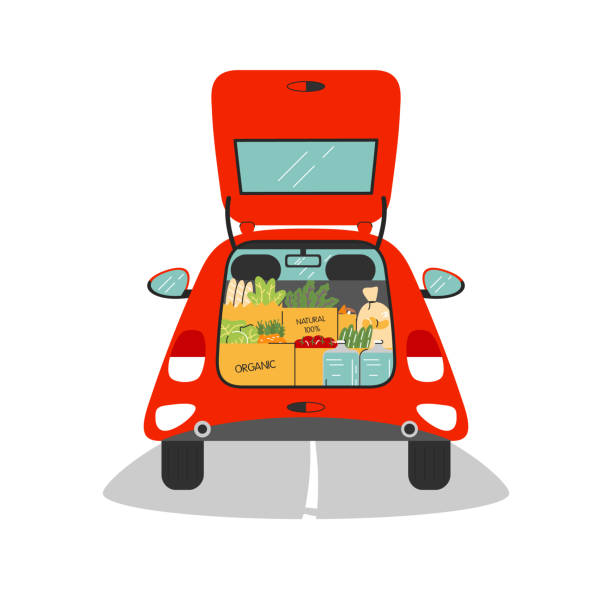 Small car trunk is open and full of groceries Small car trunk is open and full of groceries. Red automobile has baked food, fresh organic vegetables, water. Shopping in supermarket or eco natural market. Vector flat cartoon illustration isolated car-trunk-open-icon stock illustrations