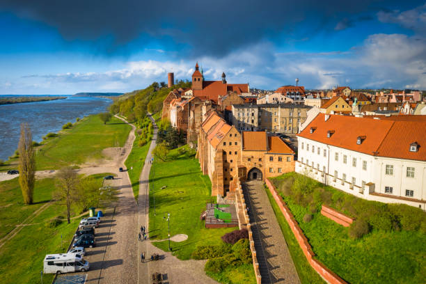Grudzidz city over the Vistula River in the afternoon sun. Poland