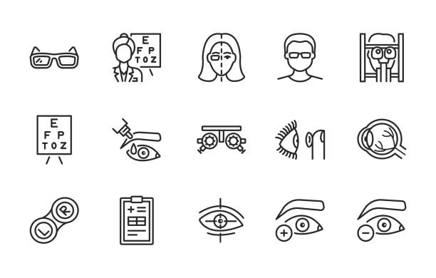 Ophthalmology flat line icon set. Vector illustration vision treatment. Examination in an ophthalmological clinic. Editable strokes Ophthalmology flat line icon set. Vector illustration vision treatment. Examination in an ophthalmological clinic. Editable strokes. eye doctor and patient stock illustrations