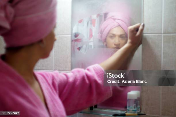 Woman Coming Out Of The Bathroom Stock Photo - Download Image Now - Women, One Woman Only, Steam