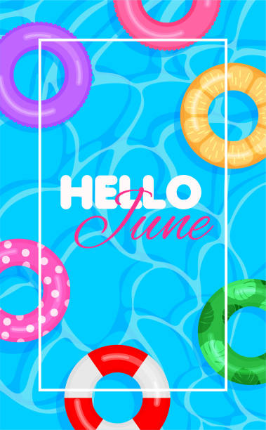 Swimming pool summer background with colorful lifebuoys. Swimming pool summer background with colorful lifebuoys. Hello june concept. Pool party template banner. Float rings. Vector illustration in trendy flat style. june stock illustrations