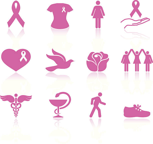 乳がん早期発見啓発キャンペーンとサポートロイヤリティフリーのベクトルアイコンを設定します。 - breast cancer women breast cancer awareness ribbon pink点のイラスト素材／クリップアート素材／マンガ素材／アイコン素材