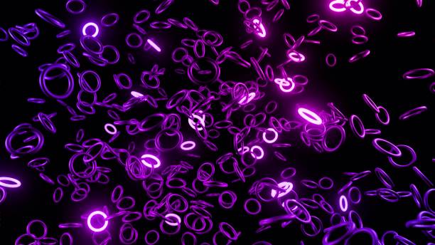istock 3d render. Abstract festive background with rows of toruses or rings on plane flashing neon blue red light randomly. Black rings in the air. 1318925628