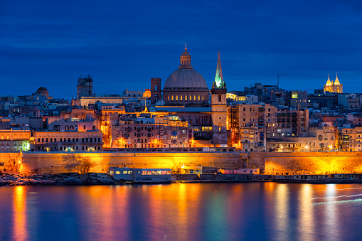 Architecture of Valletta, the capital of Malta at dusk.