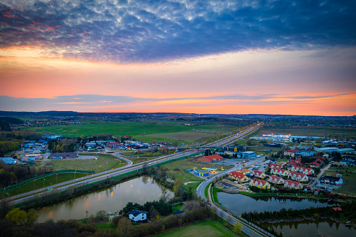 Aerial landscape of the road in Poland at sunset.
