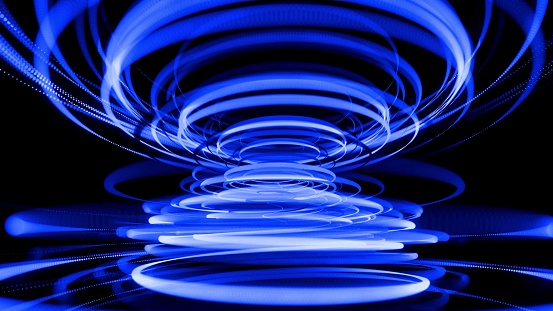 3d render. Motion design bg of flow lines form helix and abstract structures. Blue lines swirling in spiral. 3d render stylish creative abstract background. Isolated on black.
