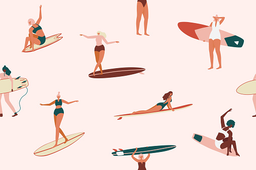 Retro Surfing seamless pattern in vector. Surf girls character in swimsuit with a shortboard and Longboard seamless pattern. Summer design for fabric, wallpaper, packaging paper, backgrounds and decor.